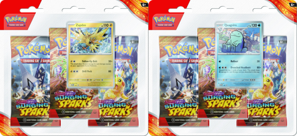 2er SET Scarlet & Violet Pokemon SV08 Surging Sparks 3 Pack Blister Zapdos & Quagsire Englisch